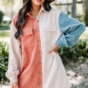Colorblock Corduroy Shirt Dress